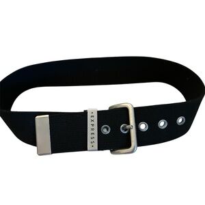 Express black canvas webbed belt with a silver-tone buckle, women’s size Medium